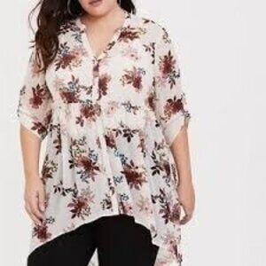 Torrid Semi Sheer Button Down Tunic Blouse Step Hem White Pink Floral Size 3